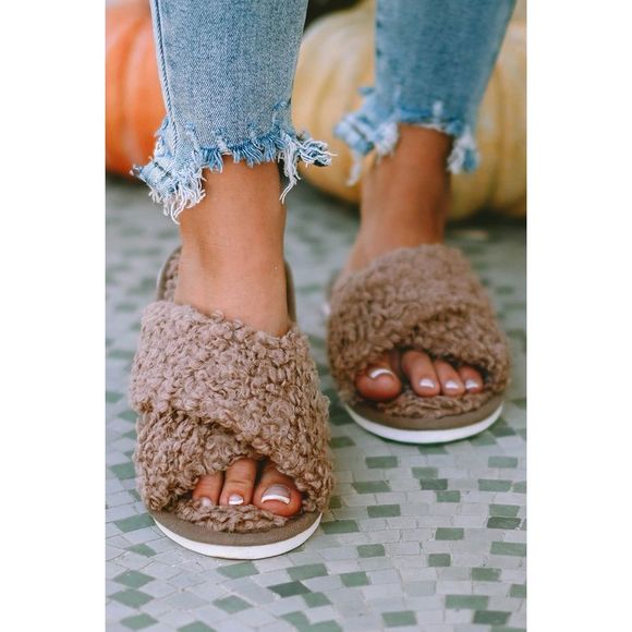 Azura Exchange  Brown Teddy Fur Cross Straps Home Slippers - Picture 4 of 13